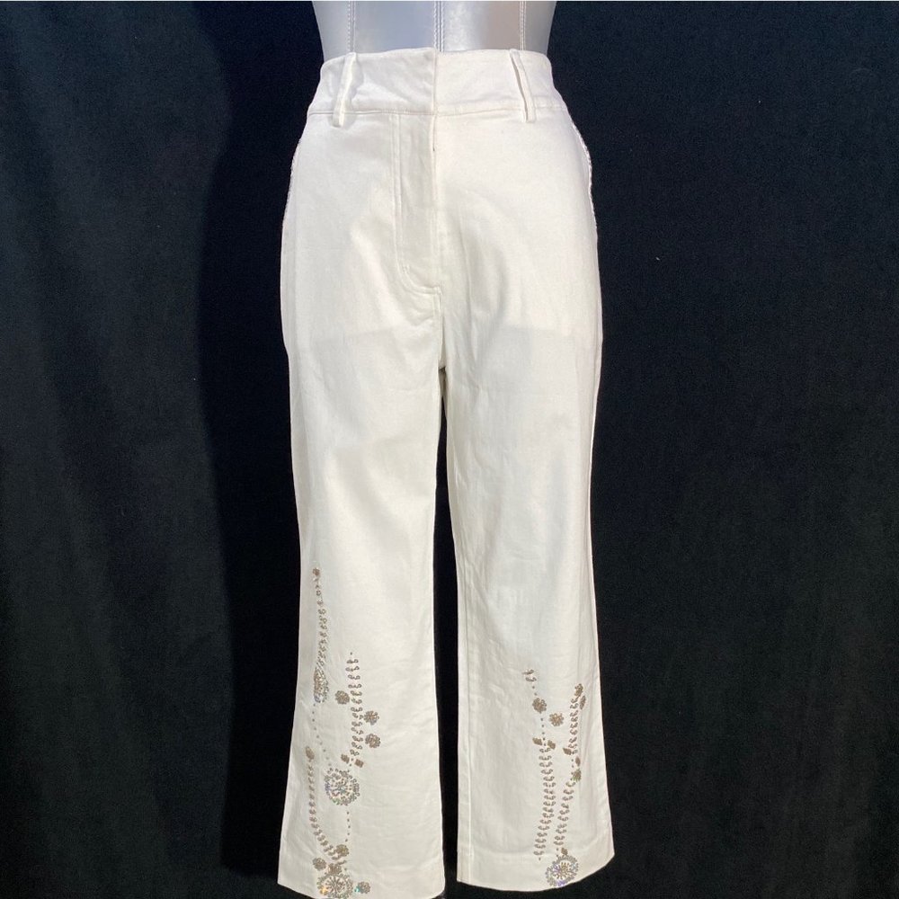 Usindo M Pants Jeans White Crop Leg NWT Silver Sequin Beads Artsy Zip Bold Pocke